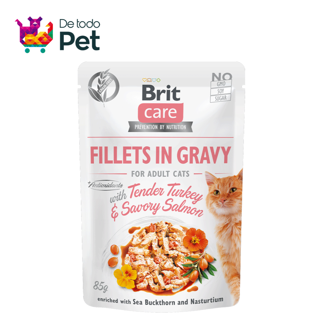 BRIT CARE CAT FILLETS IN GRAVY WITH TURKEY & SAVORY SALMON